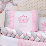Kit Berço Trançado Coroa Menina Rosa 11 Peças Com Saia