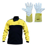 Kit Blusão Preto Soldador Raspa E Brim, Luva Vaqueta P.15