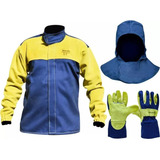 Kit Blusão Soldador Raspa E Brim, Luva Work-tek, Capuz Tks 1