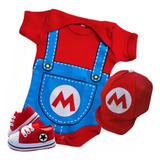Kit Body Bebê Mesversário Fantasia Super Mario +tenis/ Boina