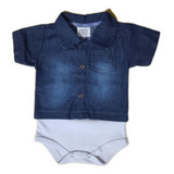 Kit Body Camisa Jeans Manga Curta  Travesseiro Bebê Infantil