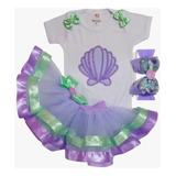 Kit Body E Saia Tutu Tule Temático Pequena Sereia Ariel Bebe