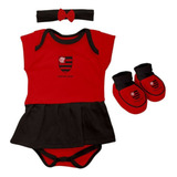 Kit Body Pantufa Laço Bebê Menina Flamengo 3 Pçs Oficial