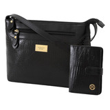 Kit Bolsa E Carteira Couro Legítimo Lezard Mariart 2193+237 Cor Preto