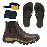Kit Bota Botina Cat Couro Coturno Carteira Chinelo E Cinto