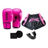 Kit Boxe Muay Thai Fheras Feminino Luva Shorts Band Bucal