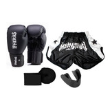 Kit Boxe Muay Thai Fheras Luva Bandagem Bucal Shorts Preto
