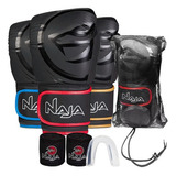 Kit Boxe Muay Thai Naja Black Line - Luva + Bandagem + Bucal