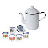 Kit Bule Esmaltado E 6 Xícaras Jogo Chá Retro Café Canecas