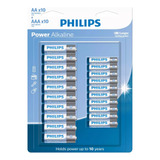 Kit C/ 20 Pilhas Alcalina Philips 10 Aaa + 10 Aa Power 