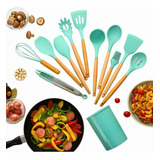 Kit C/12 Utensílios De Cozinha Silicone Cabo Madeira Bja