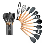 Kit C/12 Utensílios De Cozinha Silicone Cabo Madeira