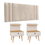 Kit Cabeceira Cama Casal 1,40 E 2 Mesinhas Prateleira Gaveta Cor Areia | Off White/nature