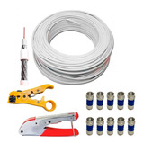 Kit Cabo Coaxial 50m 95% Malha Alicate De Crimpar, Alicate Decapador E 10 Conector Compressão Rg6