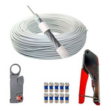 Kit Cabo Rg6 Coaxial 20 Metros 95% Malha Alicate De Compressão Alicate Decapar E 10 Conector Rg6