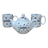 Kit Café Gratidão Porcelana - Bule Chaleira + 2 Canecas
