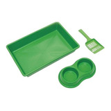 Kit Caixa De Areia P/ Gatos C/ Pá E Comedouro Four Plastic Cor Verde