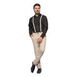 Kit Calça Sarja Bolso Faca + Suspensório P/ Casamentos