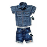 Kit Camisa Jeans + Bermuda Jeans Infantil Menino Bebê 1 Ao 8