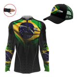 Kit Camiseta Brasil + Boné Proteção Solar 50uv Pesca Luva