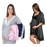 Kit Camisola C/robe Luxo + Pijama Gestante Maternidade 