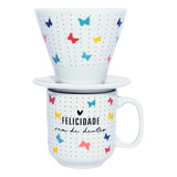 Kit Caneca C/ Coador Borboletas Em Porcelana Decorada Xícara