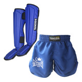 Kit Caneleira E Shorts Kng Azul Muaythai Sanda Kick Mma