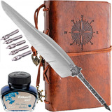 Kit Caneta Pena Tinteiro + Caderno Couro M + Tinta Pelikan