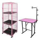 Kit Canil Gatil Gaiola 3 Lugares + 1 Mesa Tosa Rosa Pet Shop