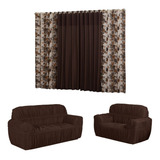 Kit Capa De Sofá + Cortina 2 Metros Estampada Conjunto Sala