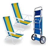 Kit Carrinho De Praia Com Avanço + 2 Cadeiras Aço 4 Posições