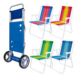 Kit Carrinho De Praia Com Avanço + 4 Cadeiras De Praia Aço