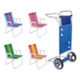 Kit Carrinho De Praia Com Avanço + 4 Cadeiras De Praia