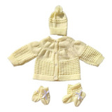 Kit Casaquinho, Touca, Luva E Meia Para Bebê Tricô Amarelo