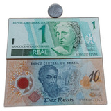 Kit Cédula 1 Real Fe + 10 Reais Polímero + Moeda 1 Real.