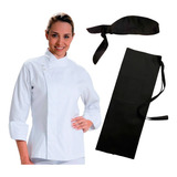Kit Chef Feminino - Dolmã Branca + Avental E Bandana Preta
