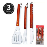 Kit Churrasco 3pçs Faca Garfo Espátula Aço Inox Cabo Madeira
