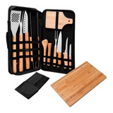 Kit Churrasco Bambu Inox 14 Peças Estojo Mão Faca Tábua 32cm