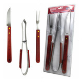 Kit Churrasqueiro Faca Pegador Garfo Cabo Longo Madeira 3 Pç