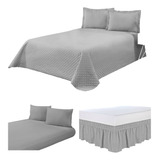 Kit Cobre Leito Colcha Para Cama King + Lençol + Saia Box