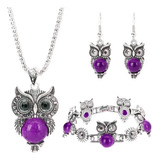 Kit Colar Brinco Pulseira Coruja Pedra Strass Diamante Lilas