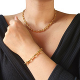 Kit Colar Choker Pulseira Corrente Tendência Folheado A Ouro