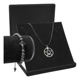 Kit Colar Pentagrama E Pulseira De Cruz Preta Ajustáveis Top