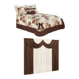 Kit Colcha Casal Laila Floral C/5 Pç + Cortina Tabaco