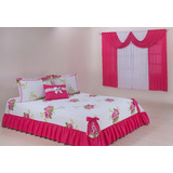Kit Colcha Casal Padrão Laila Branco Rosa + Cortina C/5pçs