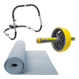Kit Colchonete Yoga Cinza + Rodinha + Aparelho Abdominal