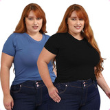 Kit Com 2 Blusa Plus Size Feminina Decotada Tshirt Gola V