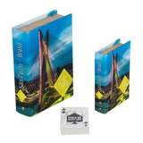 Kit Com 2 Caixas Livro Decorativa Em Madeira + Baralho