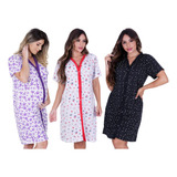 Kit Com 3 Camisola Amamentação Aberta De Botão Pós Cirurgia