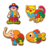 Kit Com 4 Quebra Cabeças Elefante + Palhaço + Gato + Peixe